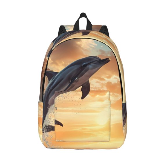 Hirioo Sailing Dancing Dolphin Canvas Backpack, Durable Travel Backpack with Multiple Compartments,Large Capacity, Backpack for School, Hiking, Work
