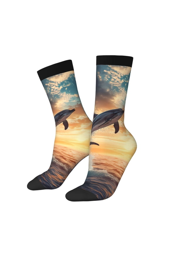 Sailing Dancing Dolphin Pattern Adult Middle Tube Socks Breathable Sock Non-Pilling,Contrasting Color Design