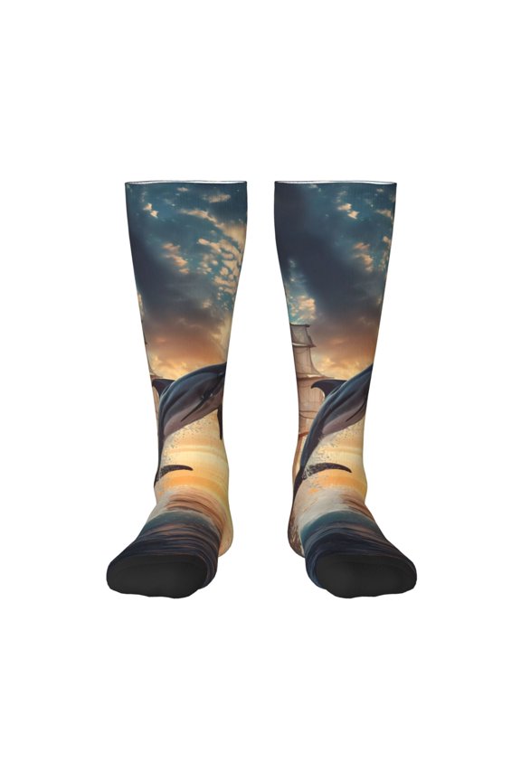 Sailing Dancing Dolphin for Adult Stockings Breathable Sock Non-Pilling,Contrasting Color Design