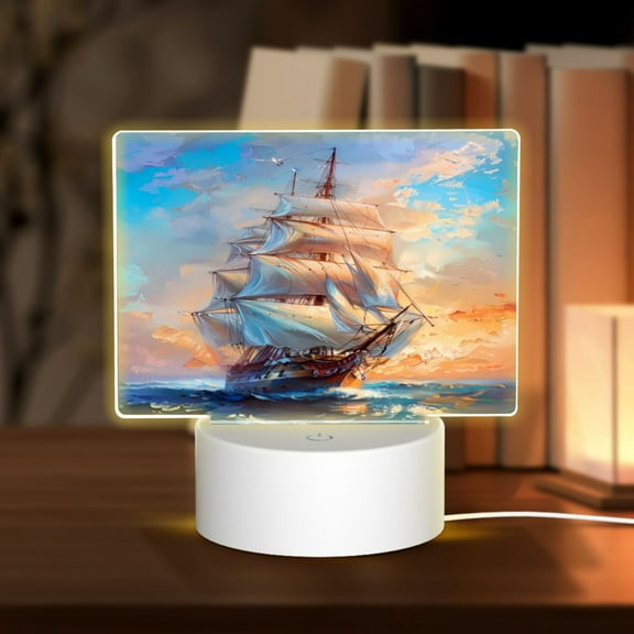 Hirioo Sailing Ship Ocean Sunset for Rectangular Acrylic with Night Light Best Gifts for Lover Girl Mom, Valentine's Day Anniversary Birthday Wedding Present