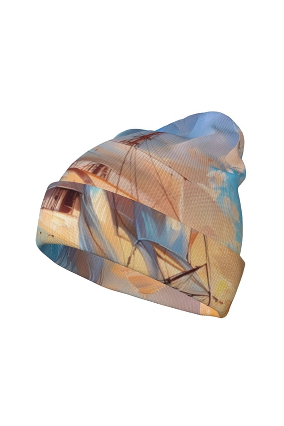 Sailing Ship Ocean Sunset for Men's Knit Cuffed Beanie for Outdoor Activities Unisex