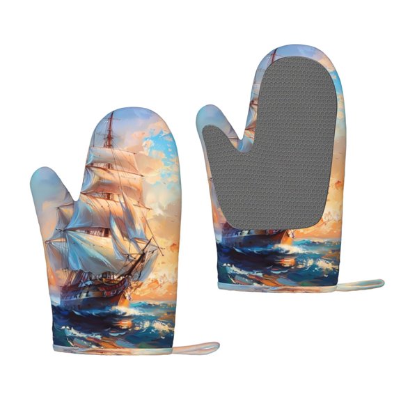 Hirioo Sailing Ship Ocean Sunset for Silicone Oven Mitts for BBQ, Baking, Cooking, Set of 2, Heat Resistant 260, Non-Slip Kitchen Essentials
