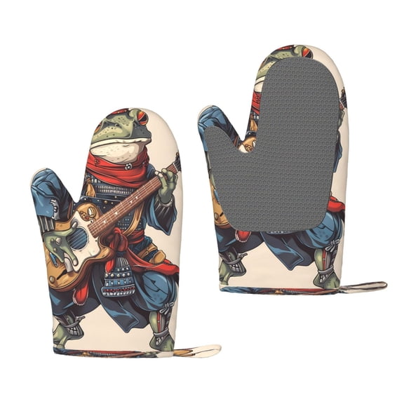 Hirioo Samurai Frog Guitar for Silicone Oven Mitts for BBQ, Baking, Cooking, Set of 2, Heat Resistant 260, Non-Slip Kitchen Essentials