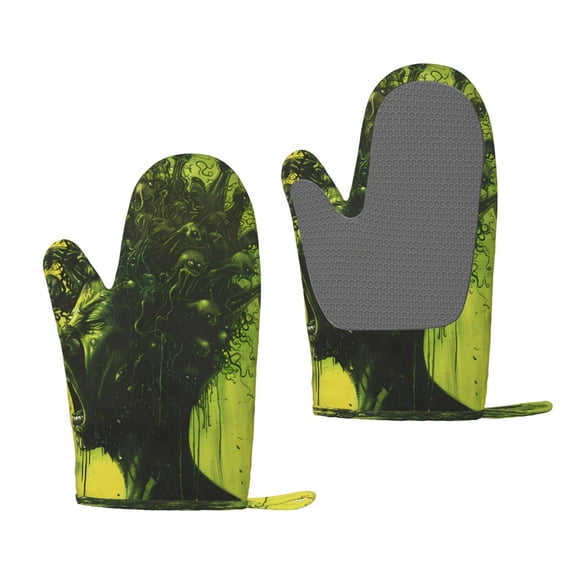 Hirioo Screaming Horror Art for Silicone Oven Mitts for BBQ, Baking, Cooking, Set of 2, Heat Resistant 260, Non-Slip Kitchen Essentials