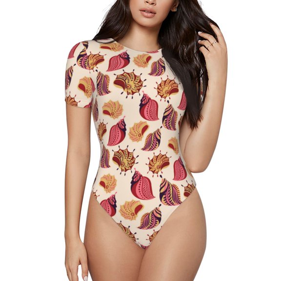 Hirioo Sea Shells for Women's Round Neck Short-sleeved Onesie Basic Bodysuits-Large