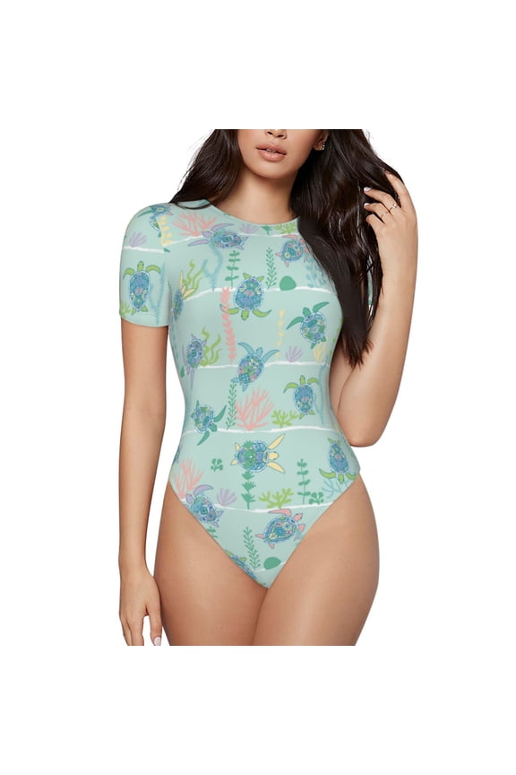Sea Turtle for Women's Round Neck Short-sleeved Onesie Basic Bodysuits-Large