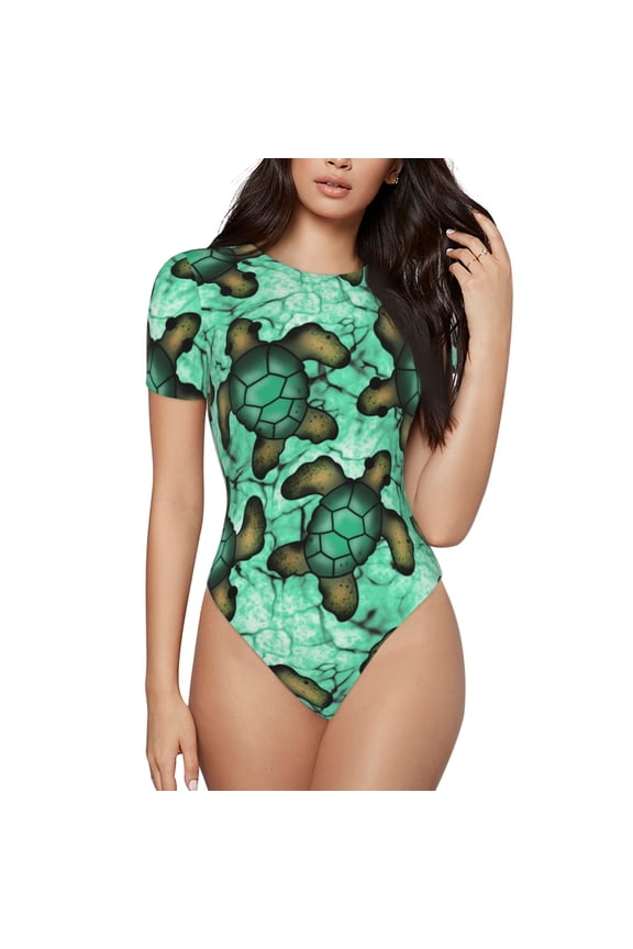 Sea Turtle for Women's Round Neck Short-sleeved Onesie Basic Bodysuits-Large