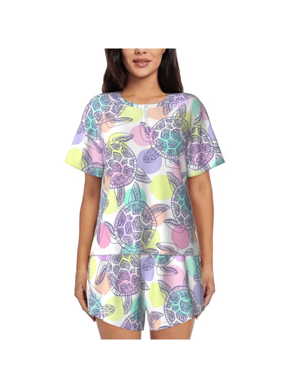Sea Turtles for Women's 2 Piece Short-Sleeved Pajama PJ Sets for Women Shorts with Pockets Womens Lounge Set-Small