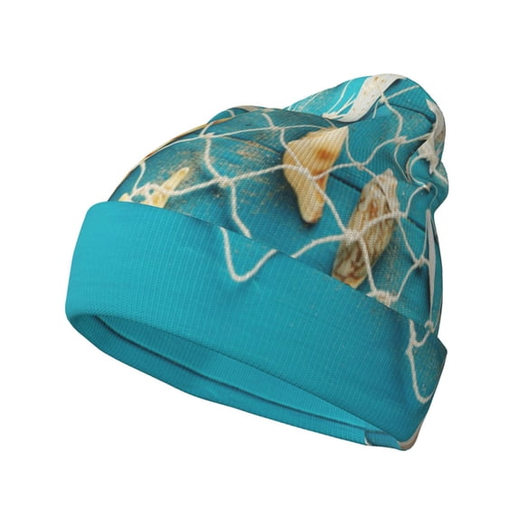 Hirioo Seashells And Fishing Net On Blue Wooden Table for Men's Knit Cuffed Beanie for Outdoor Activities Unisex