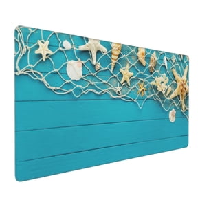 Hirioo Seashells And Fishing Net On Blue Wooden Table for Mouse Pad ,Anti-Slip Base, Durable Stitched Edges, Perfect for Gaming, Office, and Home Use,16x35.5in