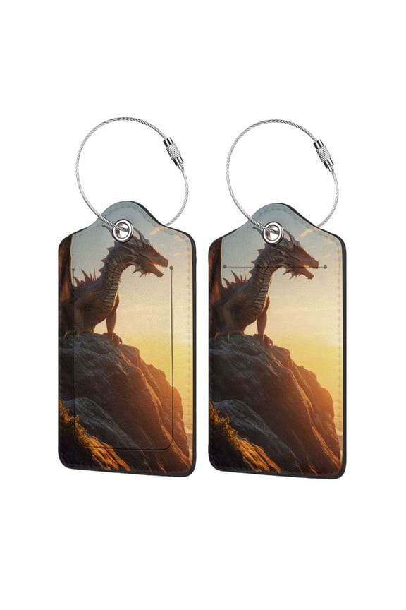 Seaside Sunset Cool Dragon Print Leather Luggage Tag with Stainless Steel Loop ,Privacy Flap and Address Card for Travel Bag Suitcase-1