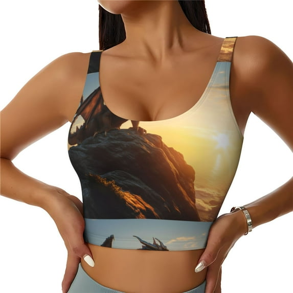 Hirioo Seaside Sunset Cool Dragon for Women's Sports Vest with Full-Print Design, Stretchy Fabric and Removable Pads-Large