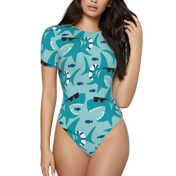 Hirioo Shark Wearing Sunglasses for Women's Round Neck Short-sleeved Onesie Basic Bodysuits-Medium