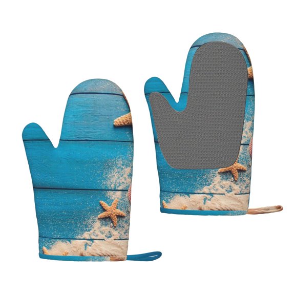 Hirioo Shells and Starfish for Silicone Oven Mitts for BBQ, Baking, Cooking, Set of 2, Heat Resistant 260, Non-Slip Kitchen Essentials