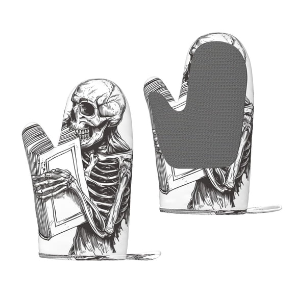 Hirioo Skeleton Book Lover for Silicone Oven Mitts for BBQ, Baking, Cooking, Set of 2, Heat Resistant 260, Non-Slip Kitchen Essentials