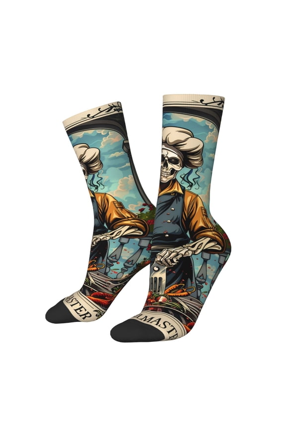 Skeleton Chef BBQ Scene Pattern Adult Middle Tube Socks Breathable Sock Non-Pilling,Contrasting Color Design