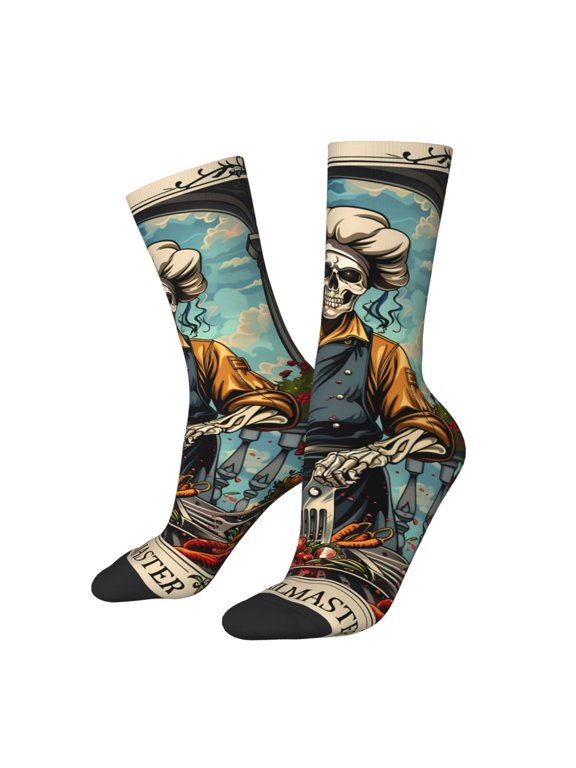 Skeleton Chef BBQ Scene Pattern Adult Middle Tube Socks Breathable Sock Non-Pilling,Contrasting Color Design