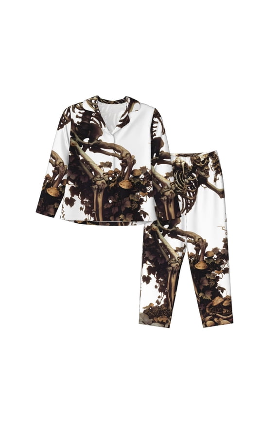 Skeleton Dance with Mushrooms for Women's Pajama Sets 2 Piece Pjs Women's Long-Sleeved Pajama Set Button Down Sleepwear,S-XXL-Medium