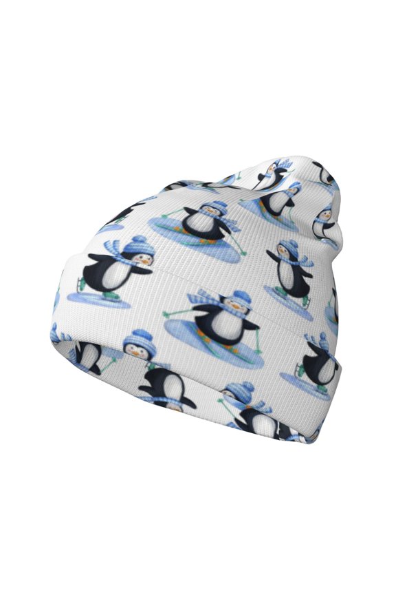 Skiing Penguin Funny for Men's Knit Cuffed Beanie for Outdoor Activities Unisex