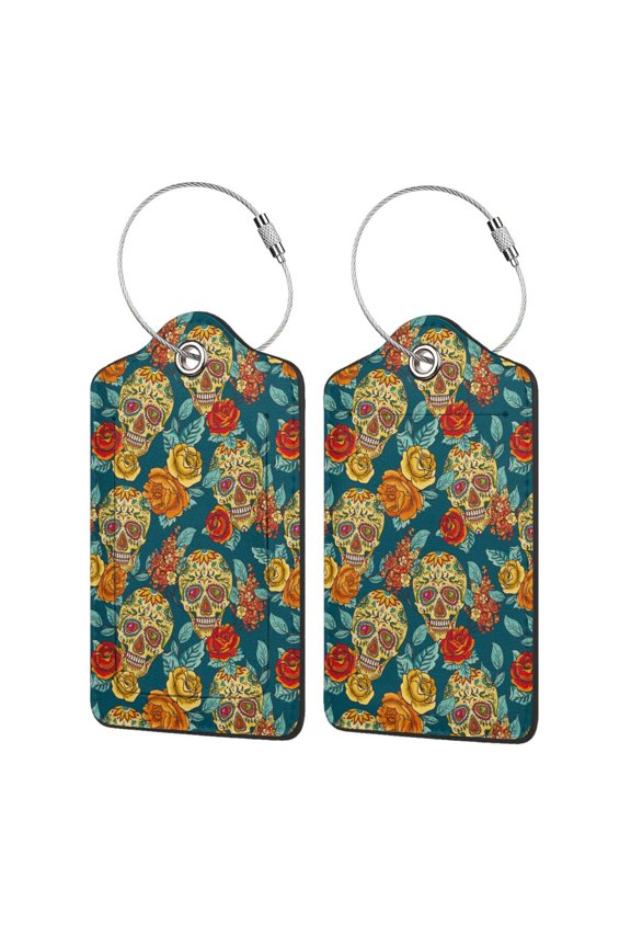 Skull And Flowers Print Leather Luggage Tag with Stainless Steel Loop ,Privacy Flap and Address Card for Travel Bag Suitcase-4 PCS