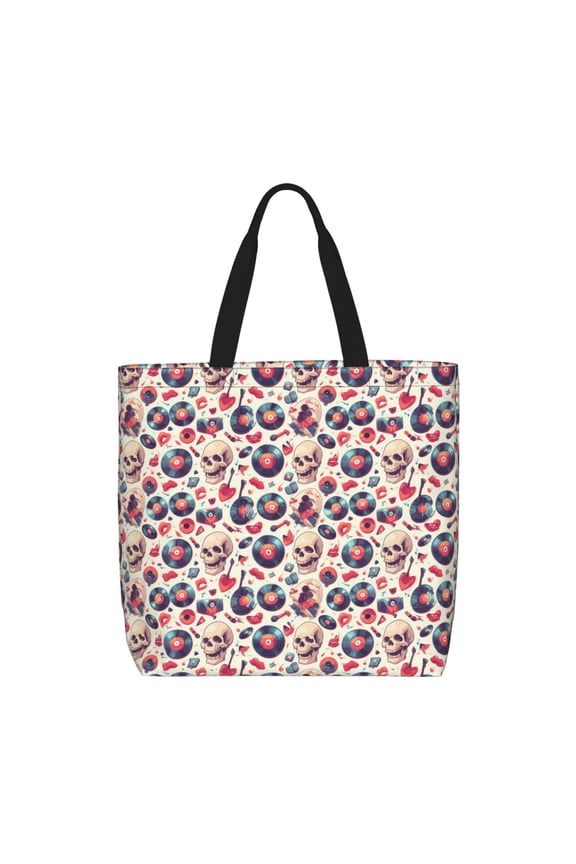 Skull Guitar record lips for Tote Bag for Women, Quilted Shoulder Bag with Zipper, Large Capacity Handbags for Casual, Travel, Work