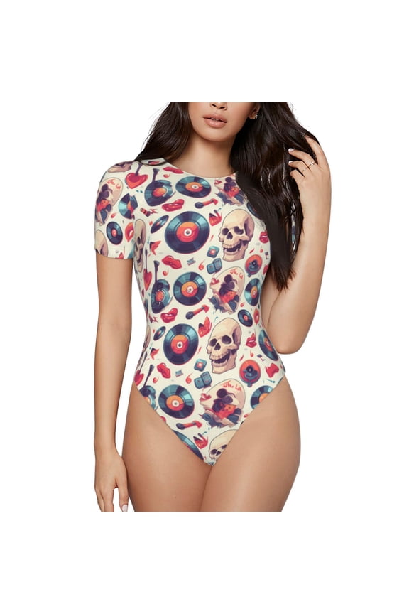 Skull Guitar record lips for Women's Round Neck Short-sleeved Onesie Basic Bodysuits-Large