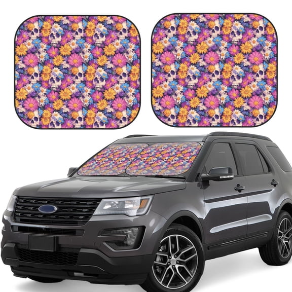 Hirioo Skull daisy flower for 2PCS Windshield Sun Shade Foldable | Front Windshield Shade for Sun, Heat and UV Rays-Medium