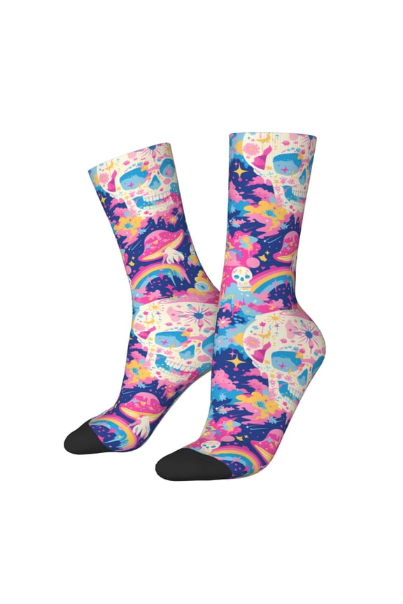 Skull rainbow color space Pattern Adult Middle Tube Socks Breathable Sock Non-Pilling,Contrasting Color Design