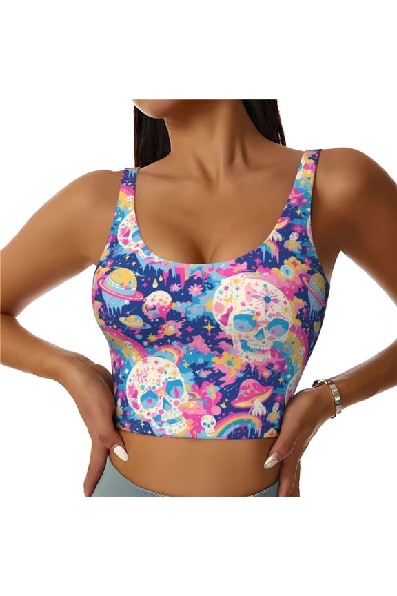 Skull rainbow color space for Women's Sports Vest with Full-Print Design, Stretchy Fabric and Removable Pads-Medium