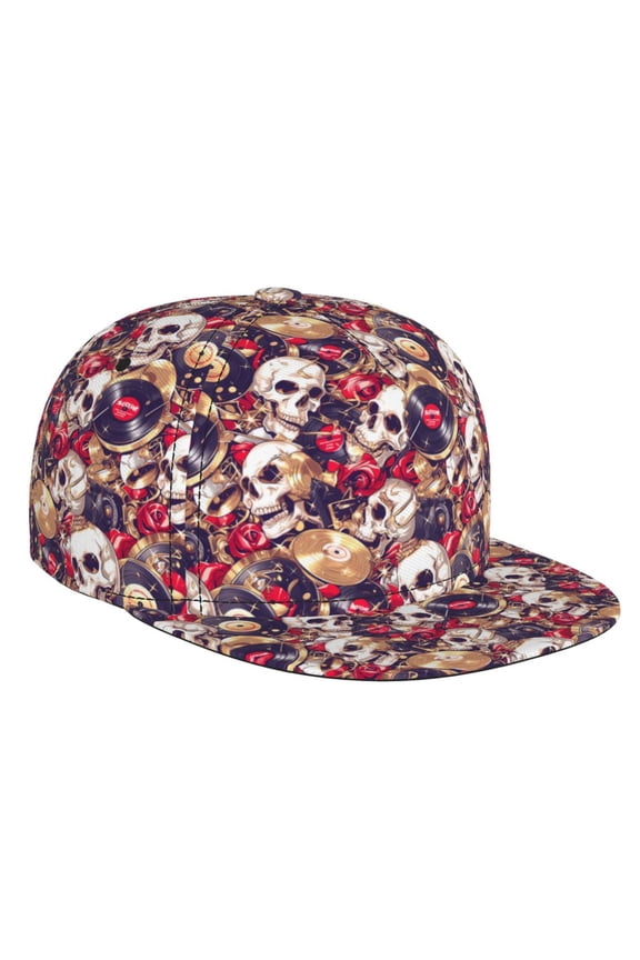 Skull record artist for Baseball Cap Men Cap Flat Brim for Men Women Teens Adjustable Baseball Cap
