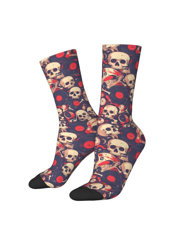 Skull rock music record Pattern Adult Middle Tube Socks Breathable Sock Non-Pilling,Contrasting Color Design
