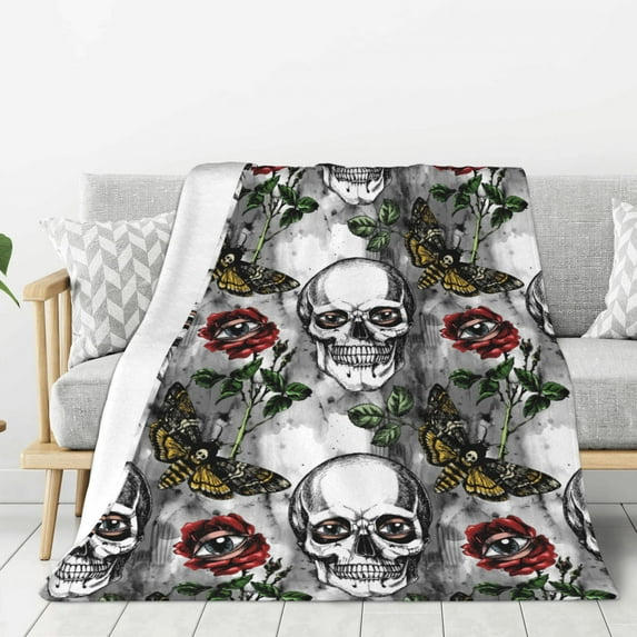 Hirioo Skulls Roses for Flannel Blanket, Cozy and Warm Throw for Bed or Couch ,Perfect for All Seasons-50"x40"