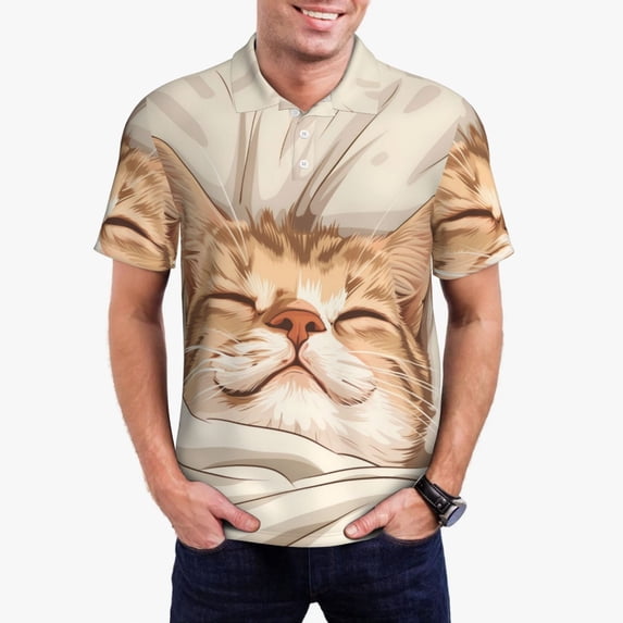 Hirioo Sleeping Cat In Blanket for Men’s Polo Shirts Quick Dry Short Sleeve Golf T Shirt Performance Moisture Wicking Casual Workout,Sizes S-4XL-4X-Large