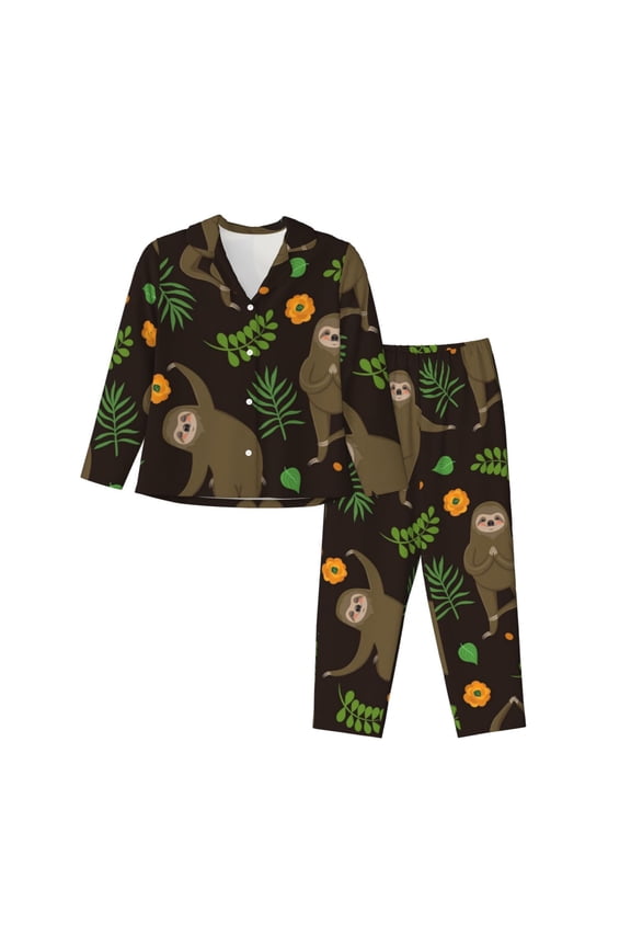 Sloth Doing Yoga for Women's Pajama Sets 2 Piece Pjs Women's Long-Sleeved Pajama Set Button Down Sleepwear,S-XXL-