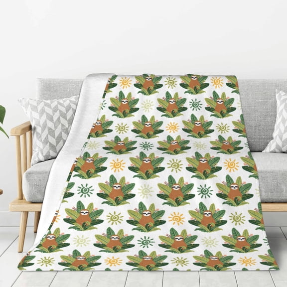 Hirioo Sloth Sitting Tropical Leaves for Flannel Blanket, Cozy and Warm Throw for Bed or Couch ,Perfect for All Seasons-80"x60"