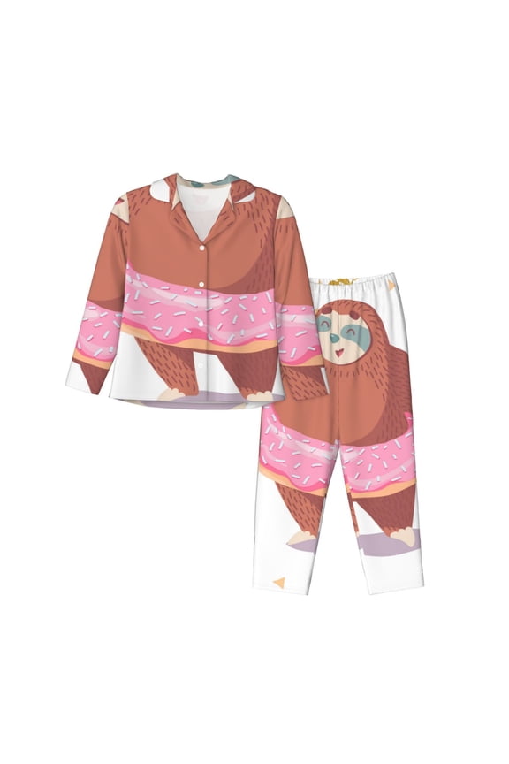 Sloth with Donuts1 for Women's Pajama Sets 2 Piece Pjs Women's Long-Sleeved Pajama Set Button Down Sleepwear,S-XXL-Medium