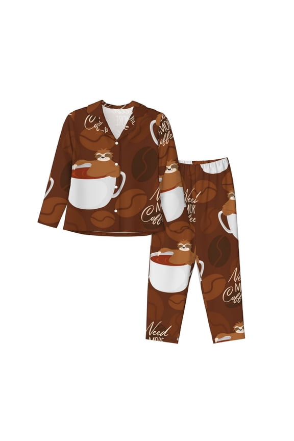 Sloths Need More Coffee for Women's Pajama Sets 2 Piece Pjs Women's Long-Sleeved Pajama Set Button Down Sleepwear,S-XXL-Medium
