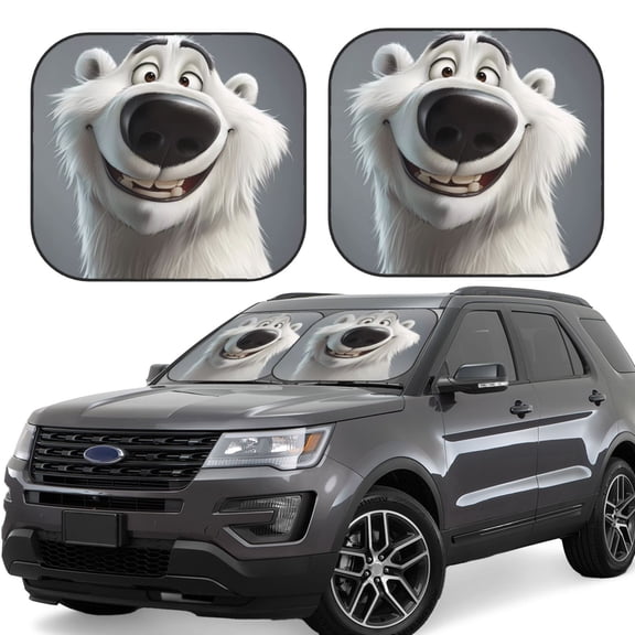 Hirioo Smiling Polar Bear for 2PCS Windshield Sun Shade Foldable | Front Windshield Shade for Sun, Heat and UV Rays-Small