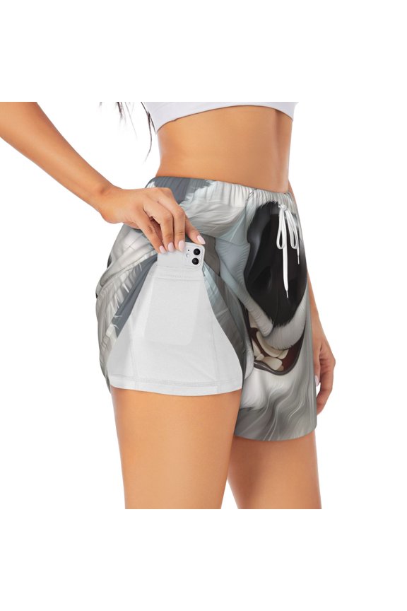 Smiling Polar Bear for Women's Double Layer Athletic Shorts High-Performance Gym Shorts with Inner Pocket, Elastic Waistband-Small