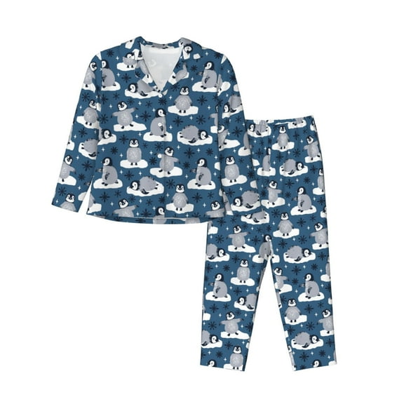Hirioo Snow Penguin for Women's Pajama Sets 2 Piece Pjs Women's Long-Sleeved Pajama Set Button Down Sleepwear,S-XXL-Large