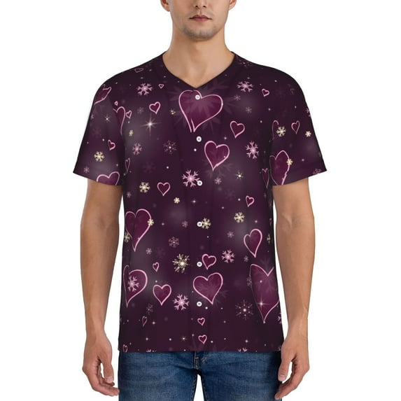 Hirioo Snowflakes and Hearts for Men's Baseball T-shirt Shirts Short Sleeve Casual Summer Button Stretch T Shirts,Size S-4XL-Medium