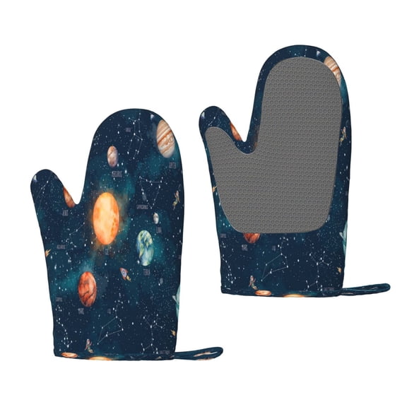 Hirioo Solar System And Planets for Silicone Oven Mitts for BBQ, Baking, Cooking, Set of 2, Heat Resistant 260, Non-Slip Kitchen Essentials