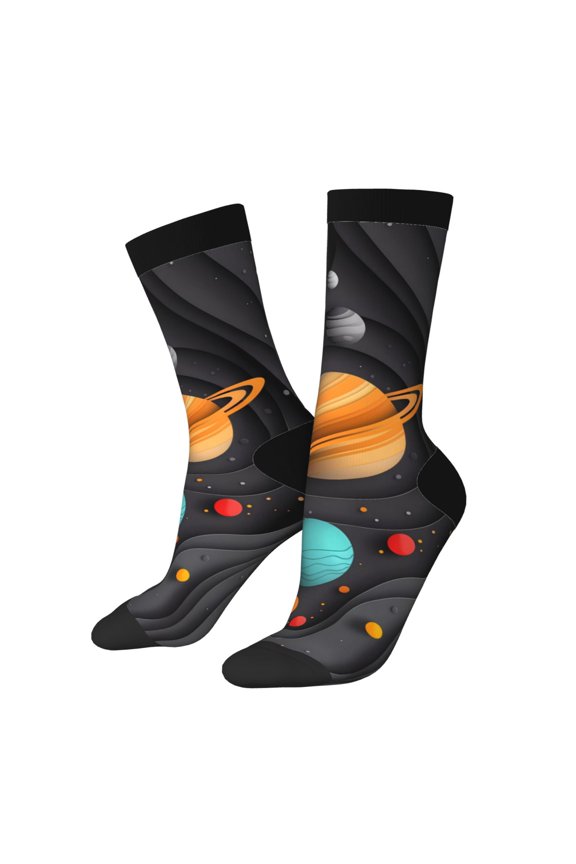 Solar System Paper Art Pattern Adult Middle Tube Socks Breathable Sock Non-Pilling,Contrasting Color Design