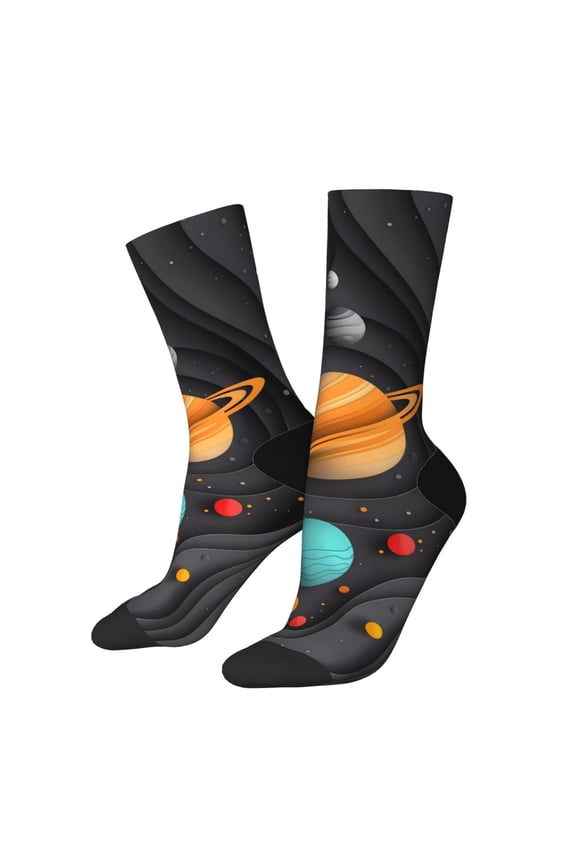 Solar System Paper Art Pattern Adult Middle Tube Socks Breathable Sock Non-Pilling,Contrasting Color Design