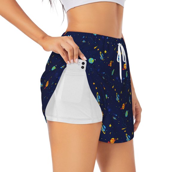 Hirioo Space Galaxy for Women's Double Layer Athletic Shorts High-Performance Gym Shorts with Inner Pocket, Elastic Waistband-Small