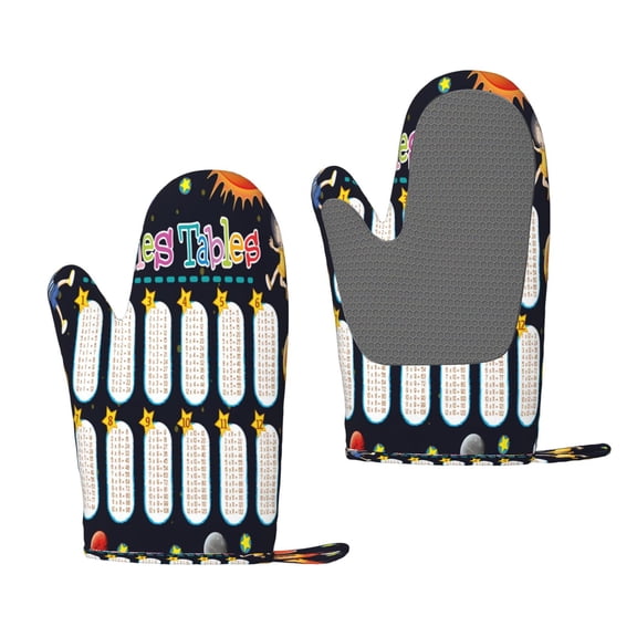 Hirioo Space Math Times Tables for Silicone Oven Mitts for BBQ, Baking, Cooking, Set of 2, Heat Resistant 260, Non-Slip Kitchen Essentials
