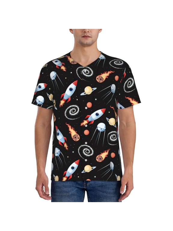 Space Rocket for Men's Baseball T-shirt Shirts Short Sleeve Casual Summer Button Stretch T Shirts,Size S-4XL-X-Large