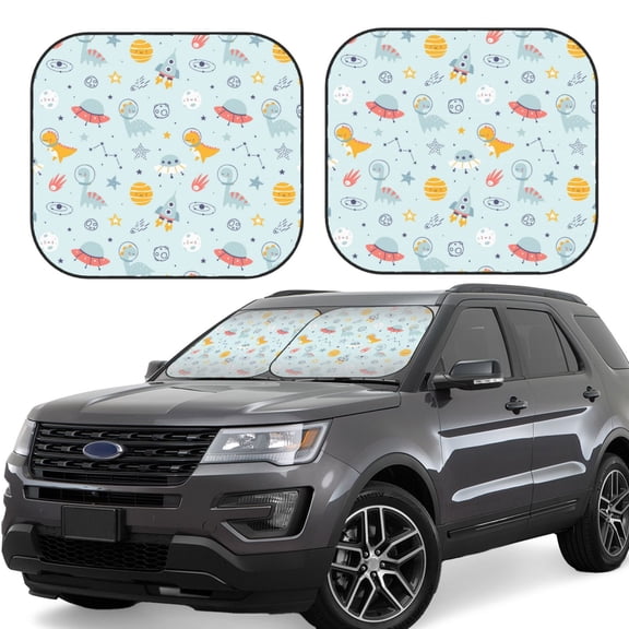 Hirioo Space With Dino Astronauts for 2PCS Windshield Sun Shade Foldable | Front Windshield Shade for Sun, Heat and UV Rays-Small