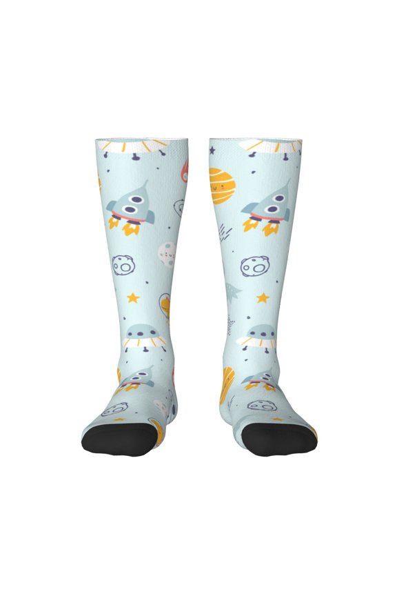 Space With Dino Astronauts for Adult Stockings Breathable Sock Non-Pilling,Contrasting Color Design