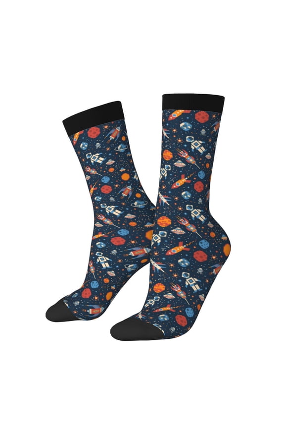 Spaceships And Stars In Outer Space Pattern Adult Middle Tube Socks Breathable Sock Non-Pilling,Contrasting Color Design